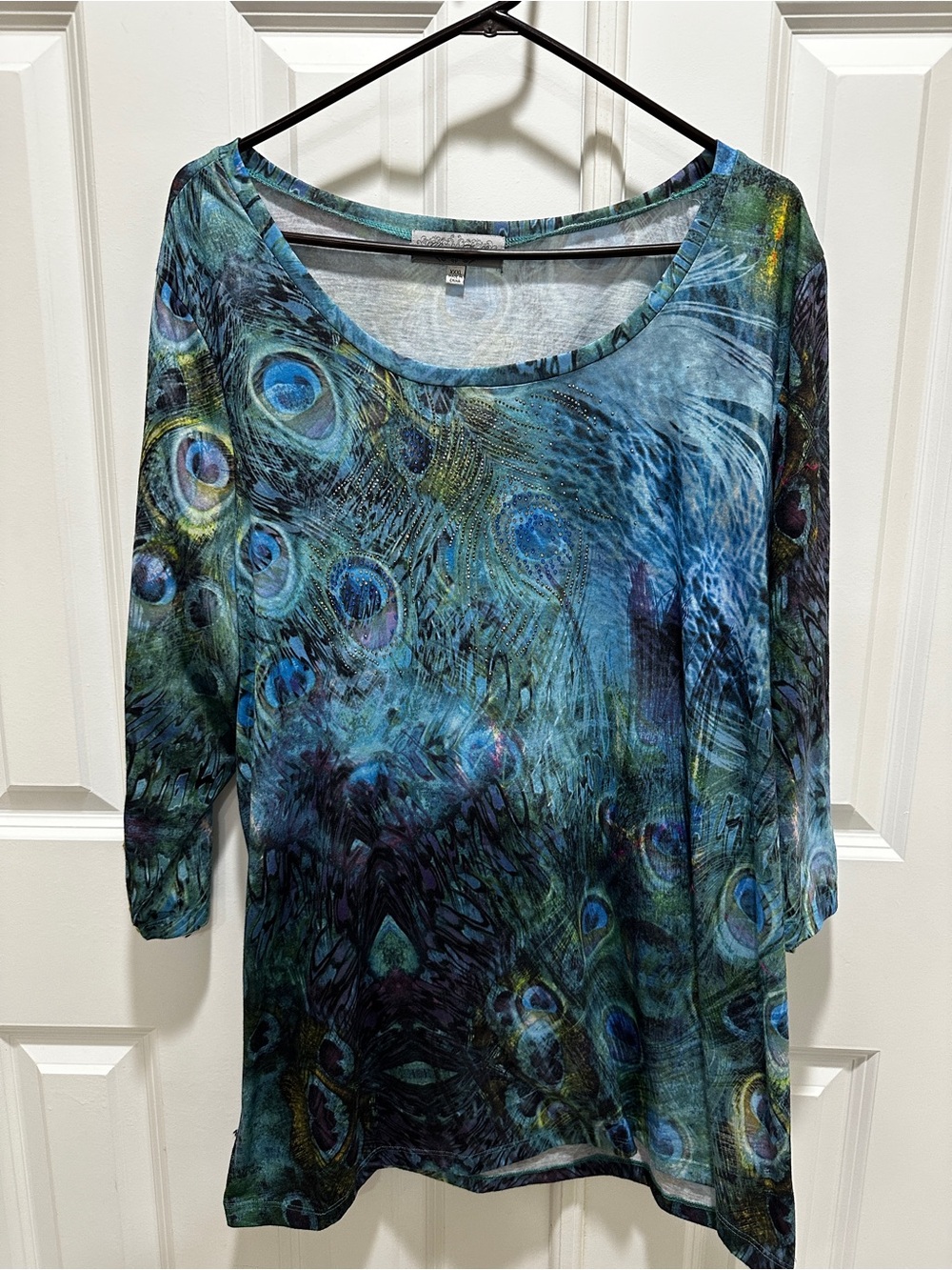 Closet Full Blue and Green Peacock-Print Scoop Neck Long Sleeve Top